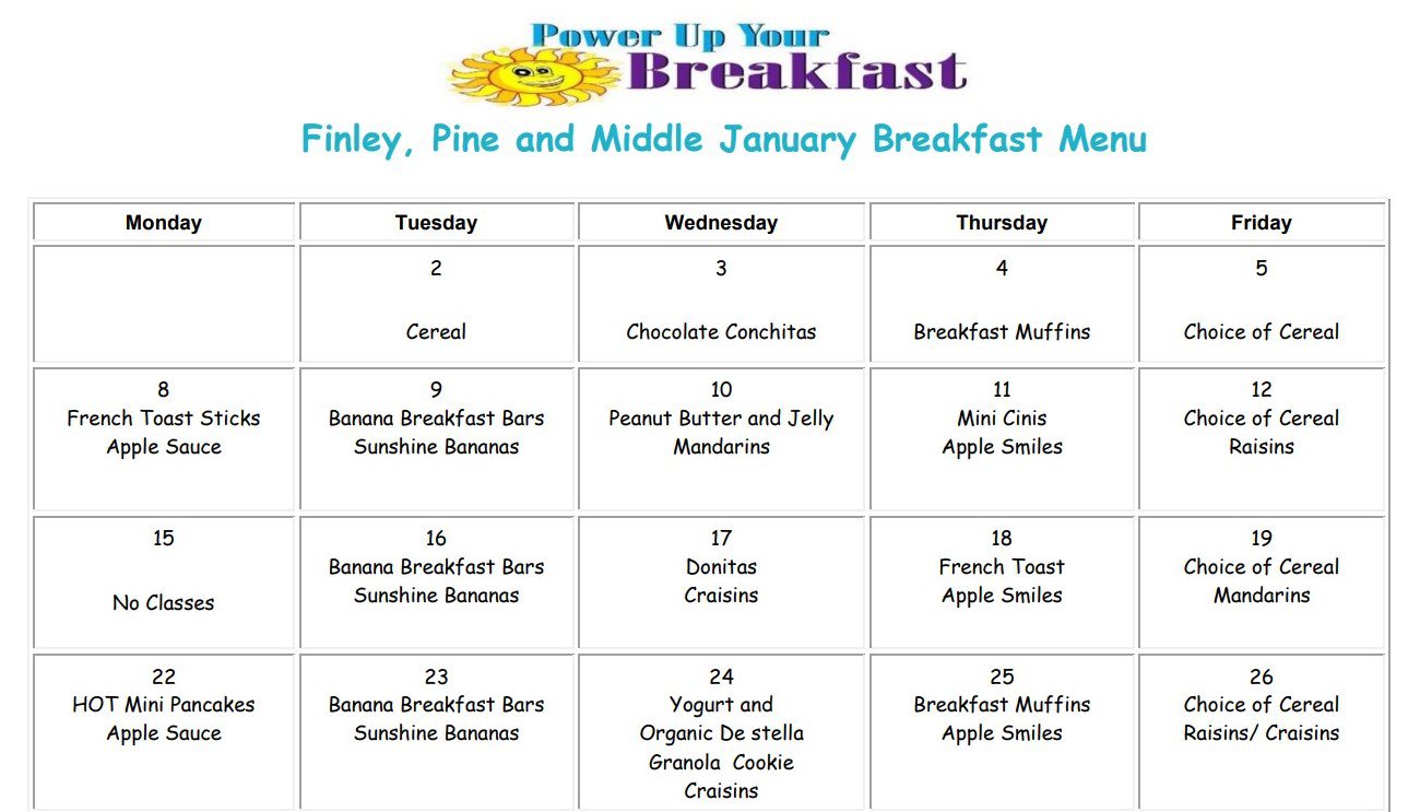 Finley, Pine, & HMS January Breakfast Calendar