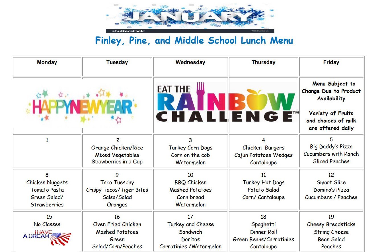 Finley, Pine, & HMS January Lunch Calendar