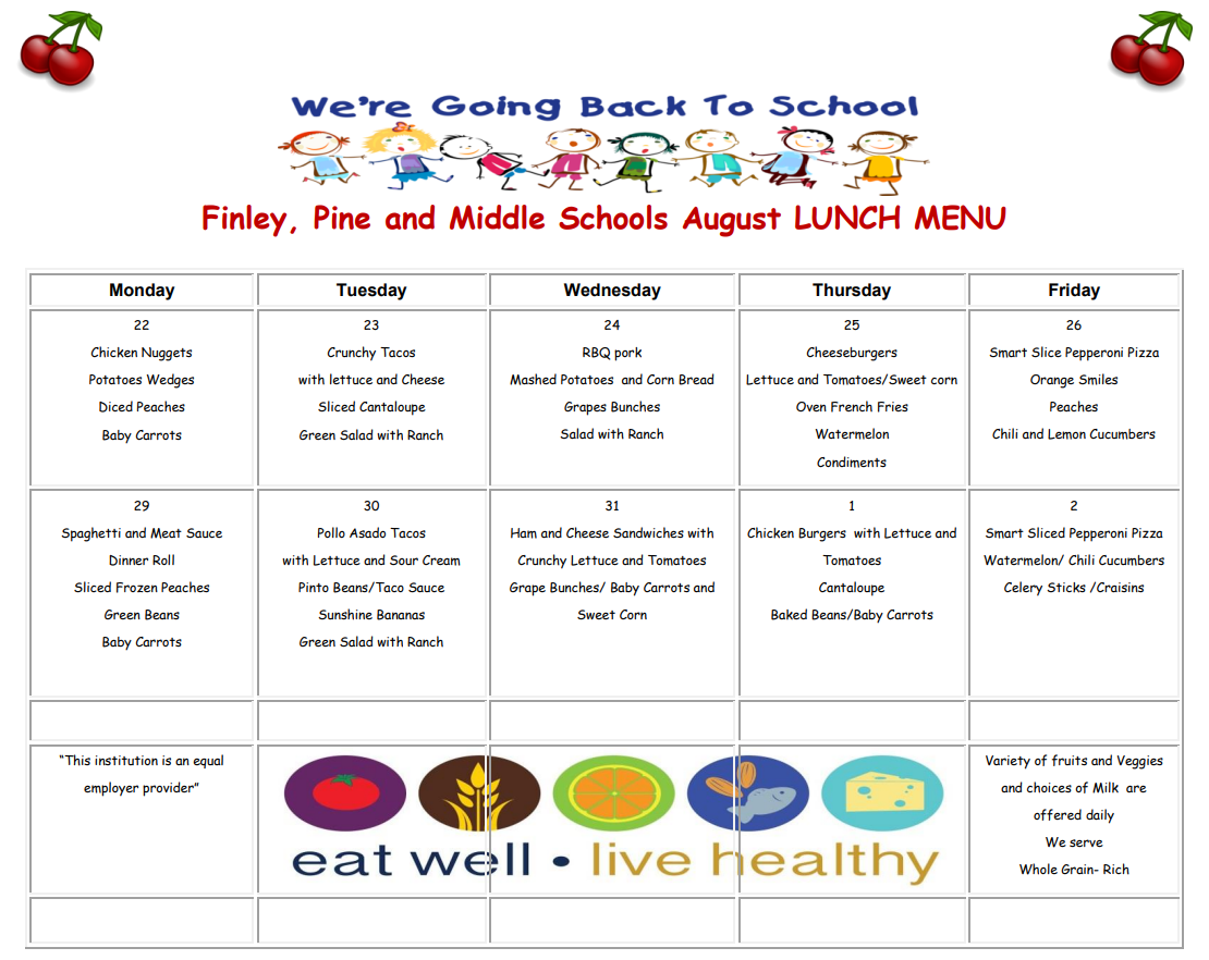 Finley, Pine, and Middle Schools Lunch Menu
